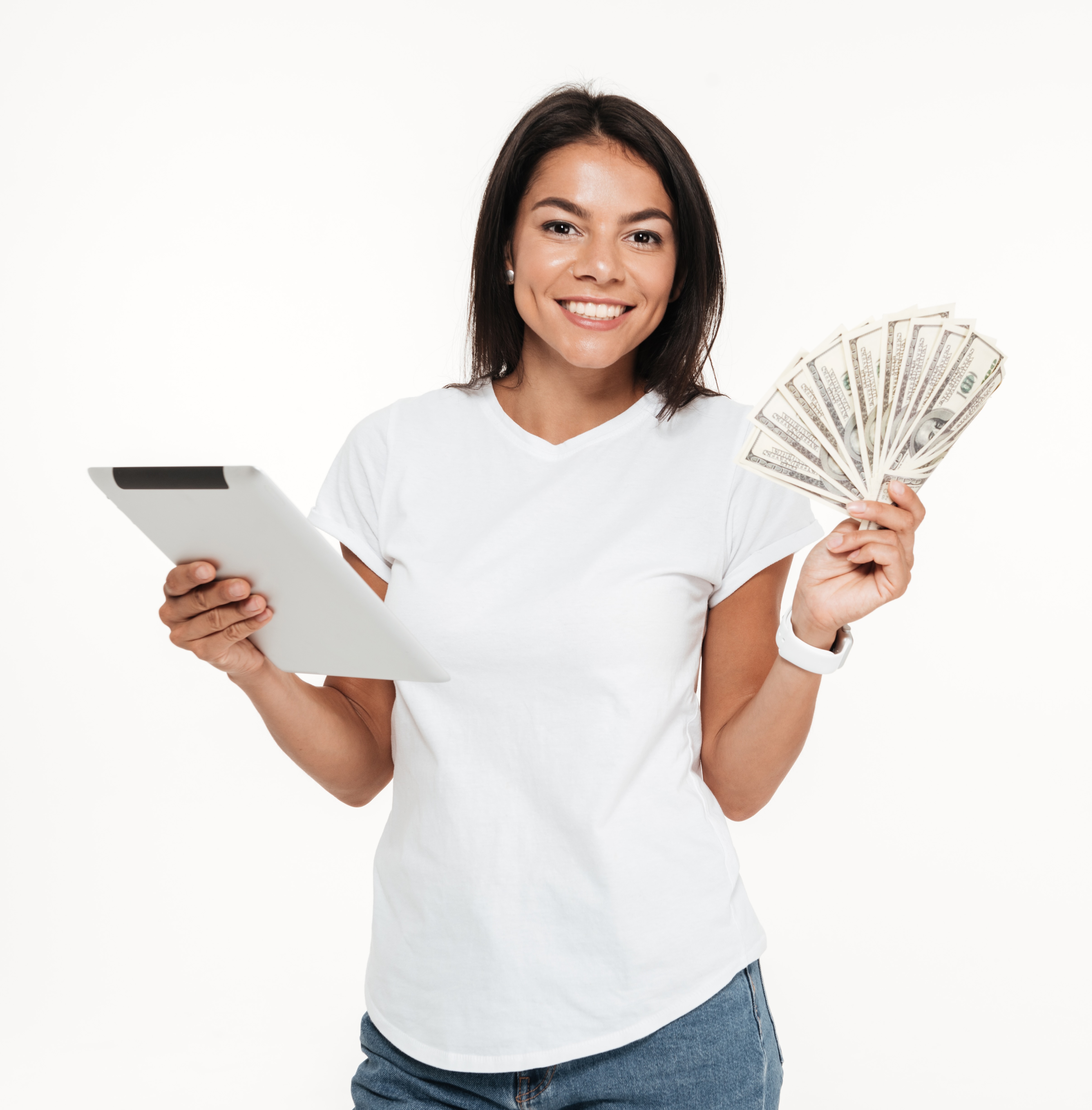 Smiling woman holding tablet computer